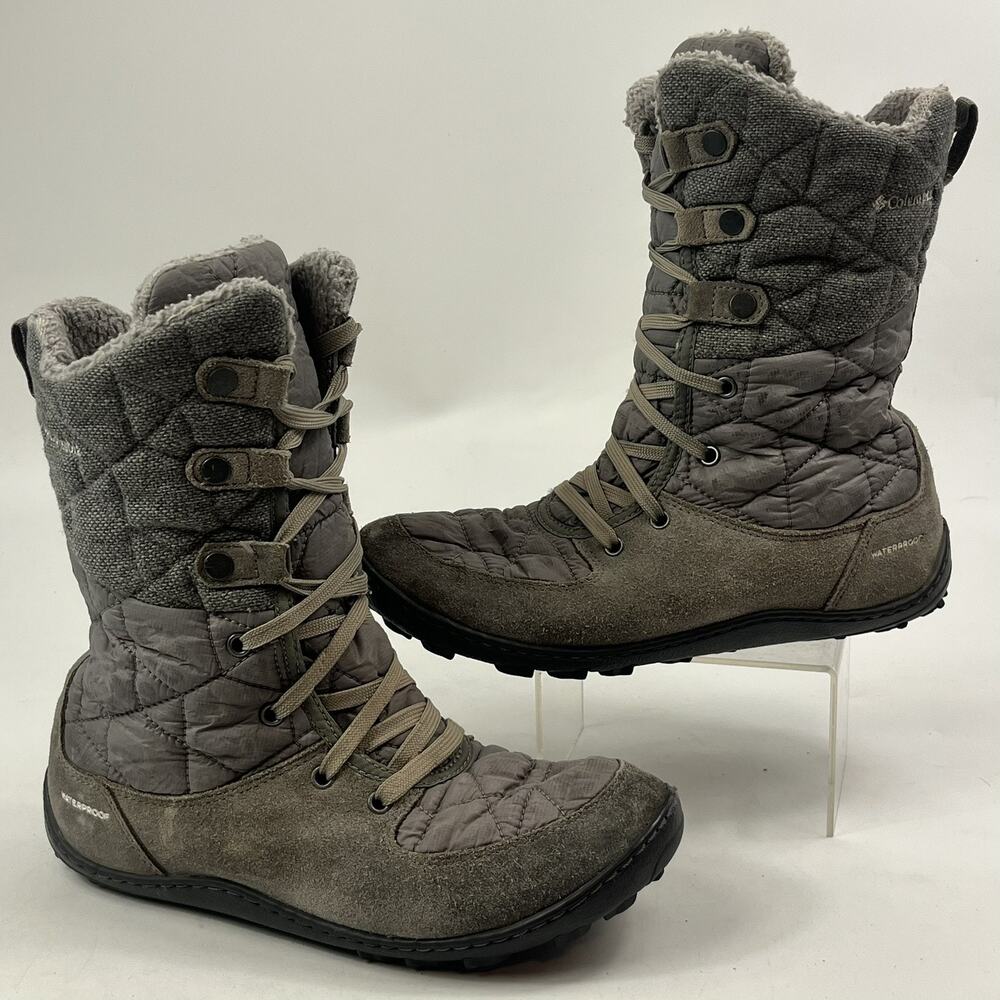 Columbia Womens Quilted Winter Snow Boots 7.5 Gray Waterproof Lace Up Suede